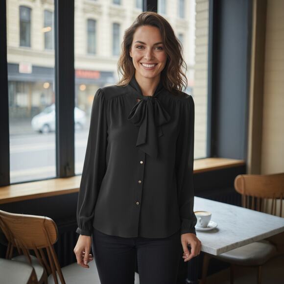 Cupio Women's Button-Front Tie-Neck Chiffon Black Blouse Size M 6-10 - Picture 1 of 5